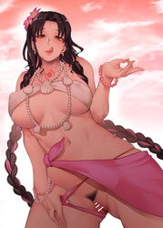 ass_visible_through_thighs bar_censor bikini bikini_aside black_hair bracelet braid breasts censored cloud covered_nipples earrings facial_mark fate/grand_order fate_(series) female flower forehead_mark hair_flower hair_ornament highres jewelry long_hair looking_at_viewer multicolored_hair navel outdoors pink_hair pubic_hair pussy pussy_juice sesshouin_kiara sesshouin_kiara_(swimsuit_mooncancer)_(fate) smile solo swimsuit tattoo tongue tongue_out toritora twin_braids two-tone_hair very_long_hair yellow_eyes