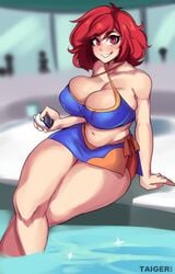 1girls abs beauty_mark big_breasts breasts cleavage curvaceous female female_only looking_at_viewer matching_hair/eyes norra_(galaxykhy) pale-skinned_female pokeball pokemon pool red_eyes red_hair solo solo_female solo_focus taigerarts