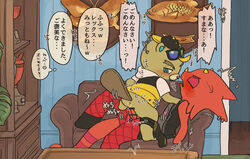 2boys animal_crossing animal_genitalia animal_penis anthro anus beaver blush c.j._(animal_crossing) chameleon choker clothing diphallia diphallism duo eyewear flick_(animal_crossing) furniture gay genitals goth hat headgear headwear hemipenes hi_res japanese_text jewelry lizard male male/male mammal marugome_rs multi_genitalia multi_penis necklace nintendo penis red_body red_scales reptile rodent scales scalie sex sofa sunglasses text video_games