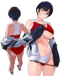 areola_slip areolae ass back bare_shoulders black_hair blue_eyes breasts butt_crack clothes_lift collarbone cowboy_shot facing_away female from_behind grin highleg highleg_panties highres jacket long_sleeves looking_at_viewer mibu_natsuki mole mole_under_eye multiple_views navel no_socks one_eye_closed open_mouth original panties shirt_lift shoes short_hair sleeveless smile sportswear standing stomach teeth underboob underwear undressing white_panties