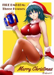 1girls akino_(gokosei) akino_ex alternate_costume big_breasts blue_eyes byleth_(fire_emblem) byleth_(fire_emblem)_(female) christmas clothed_female female female_only fire_emblem fire_emblem:_three_houses long_hair nintendo panties pantyshot solo solo_female teal_hair upskirt