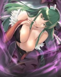 areola_slip areolae bare_shoulders bat_print bat_wings big_breasts black_leotard breasts bridal_gauntlets cleavage clothing collarbone covered_nipples curvy darkstalkers demon_girl exposed_shoulders eyelashes feather_trim female female_only finger_to_mouth fingernails glands_of_montgomery gloves green_eyes green_hair hand_between_legs head_wings heart_cutout huge_breasts j@ck large_breasts leotard light_smile lips long_hair morrigan_aensland nail_polish narrow_waist pantyhose print_legwear purple_background purple_pantyhose smile solo strapless strapless_leotard succubus teasing tongue_out tsurime wide_hips wings