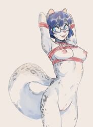 2020 blue_eyes blue_hair bound breasts brellom eyewear felid female genitals glasses hair hi_res mammal nipples pantherine pussy rope rope_bondage short_hair simple_background smile snow_leopard solo white_background