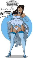 1girls avatar_legends big_breasts clothed_female clothing dark-skinned_female dress english_text female female_focus female_only grimphantom high_heels inuit korra large_breasts long_hair panties solo solo_female solo_focus speech_bubble stockings straight_hair text the_avatar the_legend_of_korra water_tribe white_background