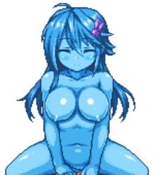 1boy 1girls anemone_(flower_knight_girl) animated big_breasts blue_eyes blue_hair blue_skin blush bouncing_breasts breasts breasts_apart collarbone cowgirl_position crying cum cum_in_pussy cum_inside erection eyebrows_visible_through_hair female flower_knight_girl groin hair_between_eyes hair_ornament long_hair lowres navel nipples nude penis pixel_art sb_(coco1) sex shiny shiny_skin smile solo_focus stomach straddling vaginal_penetration