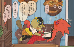 2boys animal_crossing animal_genitalia animal_penis anthro beaver blush c.j._(animal_crossing) chameleon choker clothed clothing comic diphallia diphallism duo eyewear fellatio flick_(animal_crossing) furniture gay genitals goth hat headgear headwear hemipenes hi_res japanese_text jewelry lizard male male/male mammal marugome_rs multi_genitalia multi_penis necklace nintendo oral pants_down partially_clothed penile penis red_body red_scales reptile rodent scales scalie sex sofa sunglasses text video_games