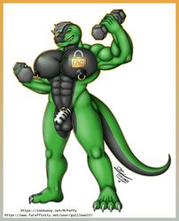 1boy abs anthro biceps big_pecs chastity_cage chastity_device dinosaur exercise genitals hi_res huge_pecs humanoid_genitalia humanoid_penis male male_only mr._paffy muscular nipple_piercing nipples pecs penis piercing reptile scalie solo tattoo text theropod tyrannosaurid tyrannosaurus tyrannosaurus_rex url weights workout