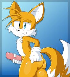 1boy ass big_penis blakeynsfw blue_eyes chest_tuft erection hand_on_ass hand_on_butt male male_only masturbation penis presenting presenting_hindquarters seductive smirk solo solo_male sonic_(series) sonic_the_hedgehog_(series) tails thick_penis yellow_fur