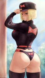 1girls android_18 ass blonde_hair blue_eyes dragon_ball dragon_ball_super dragon_ball_z female female_only hat huge_ass huge_butt panties plump_ass red_ribbon red_ribbon_army red_ribbon_army_symbol short_hair solo solo_female thighhighs tuomashart uniform