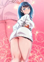 1girls amaaay_zing ass big_butt black_hair blue_eyes blush female female_only jacket long_hair looking_at_viewer looking_back skirt ssss.gridman takarada_rikka thick_thighs under_skirt zoom_layer