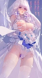 absurdres areolae azur_lane bangs bare_shoulders blunt_bangs blush bouquet breast_grab breasts bridal_veil clothing cropped_legs dildo dildo_under_panties disembodied_limb dress drooling elbow_gloves eyebrows_visible_through_hair female flower garter_straps gloves grabbing grabbing_from_behind groin groping hand_up heart heart_in_eye highres holding holding_bouquet illustrious_(azur_lane) large_breasts long_hair looking_back mole mole_under_eye nipple_tweak nose_blush object_insertion one_breast_out open_mouth panties purple_eyes pussy_juice pussy_juice_trail rose saliva see-through shaded_face silver_hair sleeveless sleeveless_dress solo stockings swd3e2 symbol_in_eye thighhighs tiara tongue tongue_out underwear upskirt vaginal_object_insertion vaginal_penetration veil very_long_hair wedding_dress white_dress white_flower white_gloves white_legwear white_panties white_rose white_veil