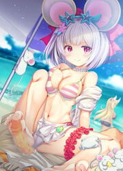 animal_ears beach bow breasts cleavage collarbone commentary_request female footjob granblue_fantasy hairbow highres looking_at_viewer matsunami_rumi mouse mouse_ears navel red_eyes silver_hair smile solo spread_legs swimsuit vikala_(granblue_fantasy)