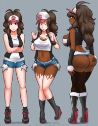 1girls ass_expansion belly_piercing bimbo bimbofication bizarre blackification blackwashed blue_fingernails blue_lips blue_lipstick boots breast_expansion brown_hair calf_boots clothing_transformation dark-skinned_female ebonization female hair_growth hat heel_boots high_heel_boots high_heels hilda_(pokemon) human laced_boots nintendo nipples_visible_through_clothing plump_lips pokemon race_swap reverse_vitiligo short_jeans solo transformation xxxx52