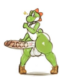 anthro ass balls big_balls big_butt big_penis blush genitals gesture green_yoshi heart hi_res huge_balls huge_cock hyper hyper_balls hyper_genitalia hyper_penis looking_at_viewer male male_only mario_(series) nintendo nude one_eye_closed penis simple_background smile solo thick_thighs thumbs_up trashdrawy video_games wink yoshi