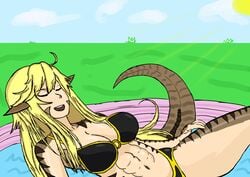 bikini breasts dinosaur dinoterra eyes_closed female female_only humanoid monster_girl pool reigna_ceasa relaxing reptile_humanoid squaretuna_(artist) t-rex