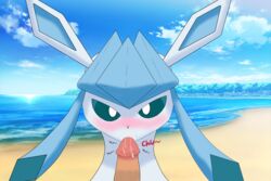 3:2 ambiguous_gender beach blush bodily_fluids close-up cum cum_in_mouth cum_inside duo eeveelution feral genital_fluids glaceon hi_res human looking_at_viewer male male/ambiguous mammal nintendo pok&eacute;mon_(species) pokemon sand seaside unknown_artist video_games