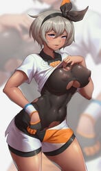 1girls abs areolae bea_(pokemon) big_breasts black_jelly bodysuit curvy_figure dark-skinned_female dark_skin eye_contact female grey_eyes grey_hair hairband high_resolution large_breasts looking_at_viewer nintendo nipples nipples_visible_through_clothing pokemon pokemon_ss ripped_bodysuit shirt_lift shorts thick_thighs thighs