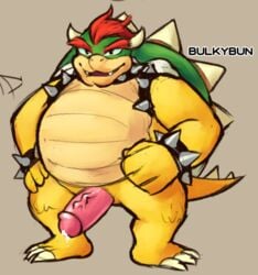 anthro belly big_belly bodily_fluids bowser genital_fluids genitals koopa male male_only mario_(series) nintendo nude penis precum scalie solo toffeethetiger vein veiny_penis video_games