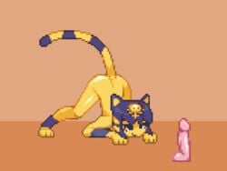 animal_crossing animated ankha anthro blinking blue_body blue_fur butt_wiggle digital_media_(artwork) dildo domestic_cat felid feline felis female fur gif hair low_res mammal nintendo noscium nude pixel_art sex_toy short_playtime simple_background video_games yellow_body yellow_fur