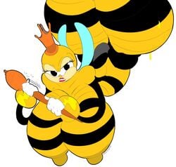 alternate_breast_size anthro arachnid bee big_ass big_breasts black_skin crown cuphead_(game) female handwear headwear hornet insects lipstick multicolored_skin pac-man_eyes rumor_honeybottoms slim staff stripes tasteofchoklit thick_thighs upside-down wasp wide_hips wings yellow_skin