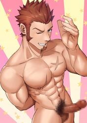 1boy abs bara beard blue_eyes brown_hair censored chest erection facial_hair fate/grand_order fate_(series) goatee gorou_naoki grin highres looking_at_viewer male_focus muscle napoleon_bonaparte_(fate) nude ohutongoro one_eye_closed pectorals penis scar sideburns simple_background smile solo teeth testicles upper_body