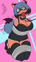 2020 absurd_res anthro ball_gag black_body black_fur black_hair blue_body blue_eyes blue_fur blue_hair bondage bondverse bound brand_new_animal breasts brown_body brown_fur canid canine clothed clothing dakuroihoshi female fenrilhuayra fluffy fluffy_tail fur gag hair hi_res kneeling leash looking_at_viewer mammal michiru_kagemori multicolored_body multicolored_fur multicolored_hair raccoon_dog short_hair studio_trigger tailwag tanuki unseen_character