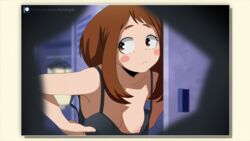 areolae being_watched blush blush_stickers bra breasts brown_eyes brown_hair dressing felipe_godoy female hiding locker_room looking_aside my_hero_academia naked nipples ochako_uraraka picture pov solo stalking upper_body