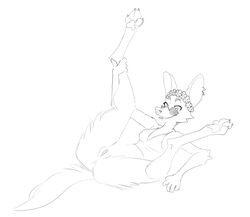 anthro bra canid canine canis clothing dingo eyewear female flower genitals legs_up lying mammal monochrome on_back plant presenting presenting_pussy pussy sheila_(the_adventures_of_puss_in_boots) simple_background snout solo sunglasses underwear wetchop