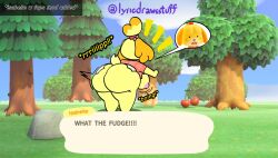 1girls animal_crossing animal_crossing_new_horizons annoyed anthro anthrofied ass ass_bigger_than_head ass_expansion ass_focus behind_view bells bending_down bending_forward bending_over bent_over big_ass boing breast_expansion breasts_out butt_focus canid canine canis cleaning dialogue domestic_dog expansion exposed exposed_ass exposed_breasts female female_focus female_only fruit furry growth hair_ornament hair_tied_back huge_ass huge_breasts isabelle_(animal_crossing) lyricdrawsstuff meaty_ass mod nintendo onomatopoeia peach picking_up pink_shirt public_nudity ripped_clothing ripped_pants ripped_shirt ripped_skirt shocked shocked_expression shocked_eyes shocked_face short_skirt shortstack solo solo_female speech_bubble sudden_expansion suddenly_naked tagme thick_thighs toony tree trees video_games yellow_fur
