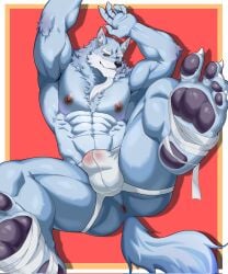 567wzh 5_fingers anthro biped black_pawpads bulge canid canine canis claws colored feet fingers foot_focus foot_wraps fur grey_body grey_fur hi_res humanoid_hands law_(sdorica) male mammal muscular muscular_anthro muscular_male muscular_thighs nipples pawpads sdorica solo wolf wraps