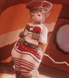 big_thighs christmas_clothing christmas_outfit ffxiv final_fantasy_xiv gpose(ffxiv) gpose_(ffxiv) lalafell mamatua midriff midriff_showing miniskirt shortstack small_breasts stripes tataru_taru thigh_gap thighhighs