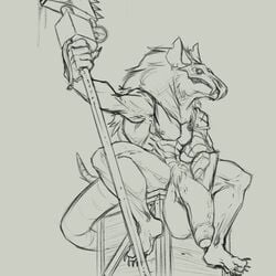 1:1 2020 abs anthro balls big_balls big_penis crate ear_piercing foreskin genitals hi_res huge_balls huge_cock humanoid_genitalia humanoid_penis male male_only mammal mane mask melee_weapon monochrome murid murine nipples pecs penis piercing plantigrade polearm rat rodent simple_background sitting skaven solo uncircumcised uncut velrizoth warhammer_(franchise) warhammer_fantasy weapon