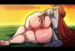 ai ai_generated anus ass ass_focus ass_grab barefoot blonde_hair blush bottomless brown_gloves cape cloak deep_skin elden_ring feet female female_only from_behind fromsoftware gloves grabbing_own_ass grass green_eyes hood hood_up hooded_cape huge_ass letterboxed looking_at_viewer looking_back lying mongrealai on_side orange_sky outdoors presenting pussy red_cape red_hood roderika_(elden_ring) soles solo spread_anus spread_ass sunset sweat thick_thighs thighs uncensored wide_hips