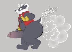 2025 anthro ass badger balls belly big_butt big_penis biped black_body black_nose bradley_(bradley_the_badger) bradley_the_badger bradley_the_badger_(game) eyes_rolling_back fart fart_cloud fart_fetish genitals holding_penis male mammal mustelid musteline onomatopoeia passtheblast penis precum relief relieved simple_background slightly_chubby smile solo standing text white_body