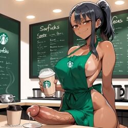 1futa abs ai_generated apron apron_only armpits big_areola big_penis birrchyart breasts coffee coffee_cup coffee_shop covered_abs cum cum_in_coffee cum_in_container cum_in_drink dickgirl earclip employee employee_uniform erection futa_only futa_sans_pussy futanari hairclip hayase_nagatoro huge_cock intersex naked_apron paymetons_plug penis please_don't_bully_me,_nagatoro ponytail starbucks starbucks_barista starbucks_uniform tan tan_skin tanline tanlines uncensored