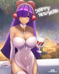 bare_shoulders big_breasts blue_eyes blush bracelet bracelets breasts capcom chest_jewel cleavage commentary cowboy_shot cup dark-skinned_female dark_skin dress drinking_glass elbow_gloves english_commentary female fireworks glass gloves green_eyes grey_dress grey_sleeves hair_over_eyes happy_new_year highres holding holding_cup large_breasts layer layer_(mega_man) long_hair mega_man mega_man_(series) mega_man_x mega_man_x_(series) mole mole_under_eye navel_visible_through_clothes new_year_2026 purple_hair rob_(robarts) robarts_hallway robot_girl sidelocks single_thighhigh solo standing strapless strapless_dress thick_thighs thighhigh thighs thin_waist wide_hips wine_glass