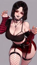 1girls ai_generated balecxi bell belt black_belt black_bra black_choker black_collar black_hair black_lips black_nails black_sclera black_shirt bra bra_strap breasts chains choker claw_pose cleavage clothing collar colored_sclera crop_top cross cross_necklace curvaceous curvaceous_female curvaceous_figure curvy curvy_figure detached_sleeves eyeliner eyeshadow fangs female female_focus fishnet_legwear fishnet_thighhighs fishnets garter_straps goth_fashion grey_background inviting inviting_to_sex jewelry jingle_bell large_breasts legwear lipstick looking_at_viewer makeup mascara midriff miniskirt multiple_rings nail_polish navel neck_bell necklace off-shoulder_shirt off_shoulder one_eye_closed orange_nails plaid plaid_skirt presenting presenting_ass presenting_breasts presenting_hindquarters presenting_self red_eyes red_lips red_nails red_skirt ring seductive seductive_look seductive_smile serana shirt short_hair short_sleeves side_slit simple_background single_bare_shoulder skindentation skirt skyrim smile solo spiked_collar spikes stomach striped_sleeves studded_belt studded_choker studded_collar the_elder_scrolls the_elder_scrolls_v:_skyrim thick_thighs thighhighs thighs underwear voluptuous voluptuous_female