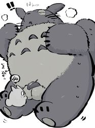 ! 1boy 2020 absurd_res anthro balls belly bodily_fluids buta5kawa closed_eyes duo fur genitals grey_body grey_fur hi_res kemono male male_focus overweight overweight_male penis simple_background sweat testicles white_background