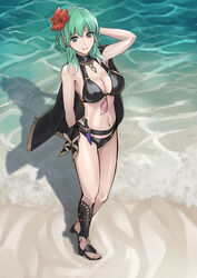 1girls beach big_breasts bikini bikini_bottom bikini_top black_bikini black_cape black_swimsuit byleth_(fire_emblem) byleth_(fire_emblem)_(female) byleth_(summer)_(fire_emblem)_(female) cape choker cleavage dagger enlightened_byleth_(female) fire_emblem fire_emblem:_three_houses fire_emblem_heroes flower flower_in_hair green_eyes green_hair hair_flower hand_behind_head heels jewelry nintendo ocean open_toe_shoes sandals smile solo solo_female swimsuit tassel togo2828 water