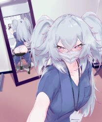 1girls ass back back_view blue_eyes blue_hair blush cellphone clothing female female_only florence_(girls'_frontline_2) girls'_frontline girls'_frontline_2:_exilium heart-shaped_pupils heavy_breathing indoors lanyard long_hair looking_at_viewer mask masked masked_female mirror mirror_reflection mirror_selfie nurse nurse_clothing nurse_uniform pa-15_(girls'_frontline) panties pants pants_down selfie shinyozura sitting smartphone stool surgical_mask sweat sweatdrop twintails