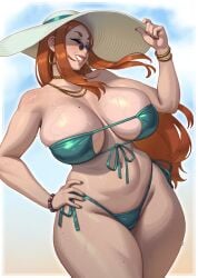 1girls anne_(rizdraws) ass bangle beauty_mark big_breasts bikini black_eyes blushing blushing_at_viewer bra bracelet bracelets breasts earrings eyeshadow female freckles freckles_on_face glasses gold_jewelry green_dress green_eyebrows hair hair_bun hair_in_bun hand_up hips huge_breasts light-skinned_female light_skin lips lipstick long_eyebrows looking_at_viewer looking_back makeup mature mature_female mature_woman milf mole mole_under_mouth nail_polish necklace orange_eyes orange_hair orange_lipstick original original_character panties pince-nez red_hair red_nails rizdraws solo solo_female talking talking_to_viewer thick thick_lips thick_thighs under_cleavage underboob undercleavage veiny_breasts