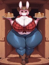 ai_generated angel_the_bunny anthro ass_bigger_than_head big_ass big_breasts big_hips black_eyeshadow breasts_bigger_than_head bunny cow_girl fat furry furry_female holding_object huge_ass huge_breasts hyper hyper_ass hyper_breasts large_ass large_breasts looking_at_viewer pancakes pink_fur pink_hair red_eyes smile smiling smiling_at_viewer tagme tenshi1499 thick_thighs western wide_hips
