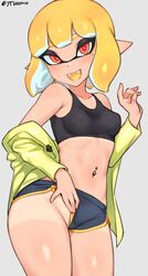 1girls agent_4_(splatoon) alternate_breast_size anthro bare_shoulders belly belly_button blush breasts cephalopod cephalopod_humanoid female female_only humanoid inkling inkling_girl jtveemo light-skinned_female light_skin looking_at_viewer mask_(marking) medium_breasts navel_piercing nintendo piercing pointy_ears revealing_clothes shiny_skin shorts shorts_pull solo splatoon splatoon_2 squid sweat sweatdrop tanline tentacle tentacle_hair