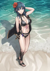 1girls beach big_breasts bikini bikini_bottom bikini_top black_bikini black_cape black_swimsuit blue_eyes byleth_(fire_emblem) byleth_(fire_emblem)_(female) byleth_(summer)_(fire_emblem)_(female) cape choker cleavage dagger fire_emblem fire_emblem:_three_houses fire_emblem_heroes flower flower_in_hair hair_flower hand_behind_head heels jewelry nintendo ocean open_toe_shoes sandals smile solo solo_female swimsuit tassel teal_hair togo2828 water