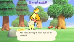 1girls animal_crossing annoyed anthro anthrofied ass bells bending_down bending_forward bending_over bent_over butt_focus canid canine canis cleaning dialogue domestic_dog female female_focus female_only fruit furry hair_ornament hair_tied_back isabelle_(animal_crossing) lyricdrawsstuff peach picking_up public_nudity short_skirt shortstack tagme toony tree trees yellow_fur