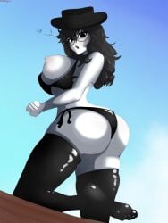 1girls areolae artist_request ass big_ass big_breasts big_thighs big_titties black_hair black_stockings black_swimsuit blue_background breasts cloud fedora feet female female_only glasses hair huh? human mommy nipples one_breast_out roblox roblox_avatar robloxian shine sky solo stockings swimsuit thighs view_from_below waist white_skin