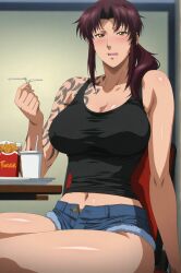 ai_generated big_ass big_breasts black_lagoon fit_female luger_982 mcdonald's nipples_visible_through_clothing perfect_body revy sexy tattoo unbuttoned_shorts wide_hips