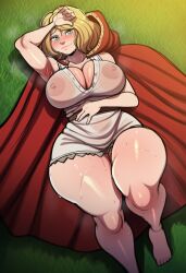ai ai_generated arm_up armpits barefoot blonde_hair blush breasts cape cleavage cloak covered_nipples curvy dress elden_ring female female_only fromsoftware grass green_eyes hood hooded_cape huge_breasts large_breasts looking_at_viewer lying medium_hair mongrealai nipples on_back pussy red_cape roderika_(elden_ring) see-through short_dress short_hair smile solo sweat thick_thighs thighs white_dress
