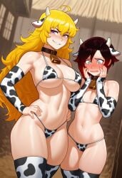 2girls ai_generated bikini black_hair blonde_hair blush collar cow_bell cow_bell_collar cow_horns cow_print cow_print_bikini cow_thighighs embarrassed embarrassed_female female_only happy long_hair ruby_rose rwby short_hair sisters tagme thighhighs yang_xiao_long