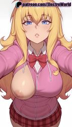 1girls 2026 ai_generated artist_name big_breasts big_chest blonde_hair blue_eyes blush breasts bust busty chest drawstring electroworld exposed_nipples eyebrows_visible_through_hair female foreshortening gabriel_dropout gabriel_tenma_white hi_res high_quality high_resolution highres hood hood_down hooded_jacket hooded_track_jacket hoodie large_breasts long_hair looking_at_viewer nipples nipples_outside no_bra one_breast_out outstretched_arm outstretched_arms outstretched_hand patreon patreon_username pink_hoodie plaid plaid_skirt reaching reaching_out selfie skirt solo stable_diffusion watermark zipper